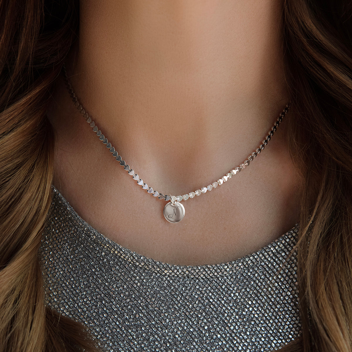 Halskette Hearts mit Anhänger Medaillon 1 cm versilbert 40 cm - Detailansicht