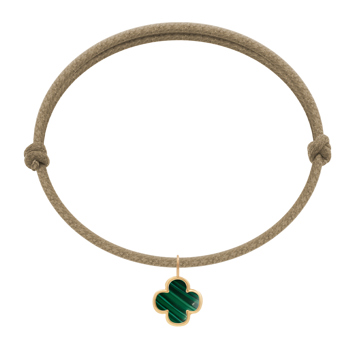 Schnurarmband hellcappuccino mit 0,8 cm Malachit Kleeblatt in 585er Gelbgold Fassung