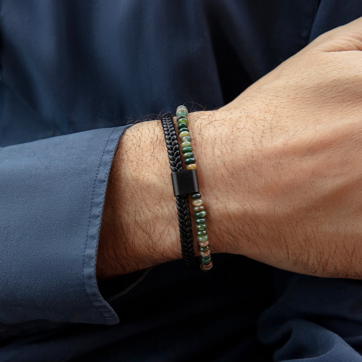 Herrenarmband aus Leder mit Achat Steinen 0,4 cm - Detailansicht