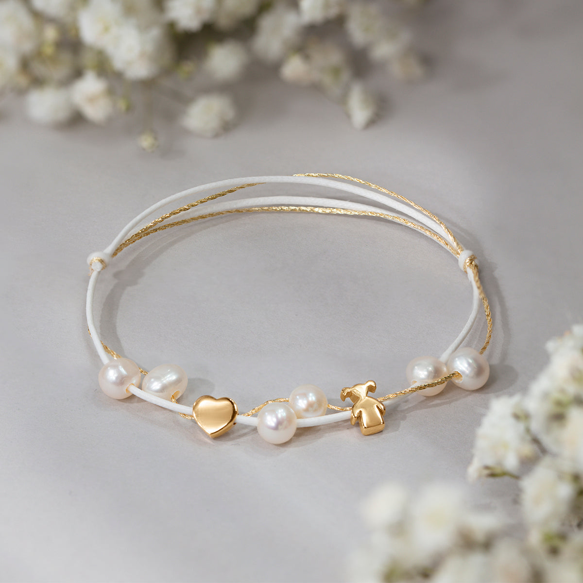 Schnurarmband weiß metallic gold mit Perlen und Etincelle Mädchen und Herz, vergoldet