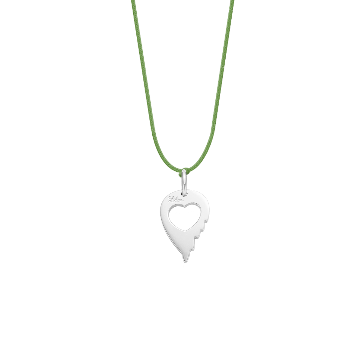 Schnurhalskette grasgrün mit Herzflügel Anhänger 925 Sterlingsilber - Vorderansicht