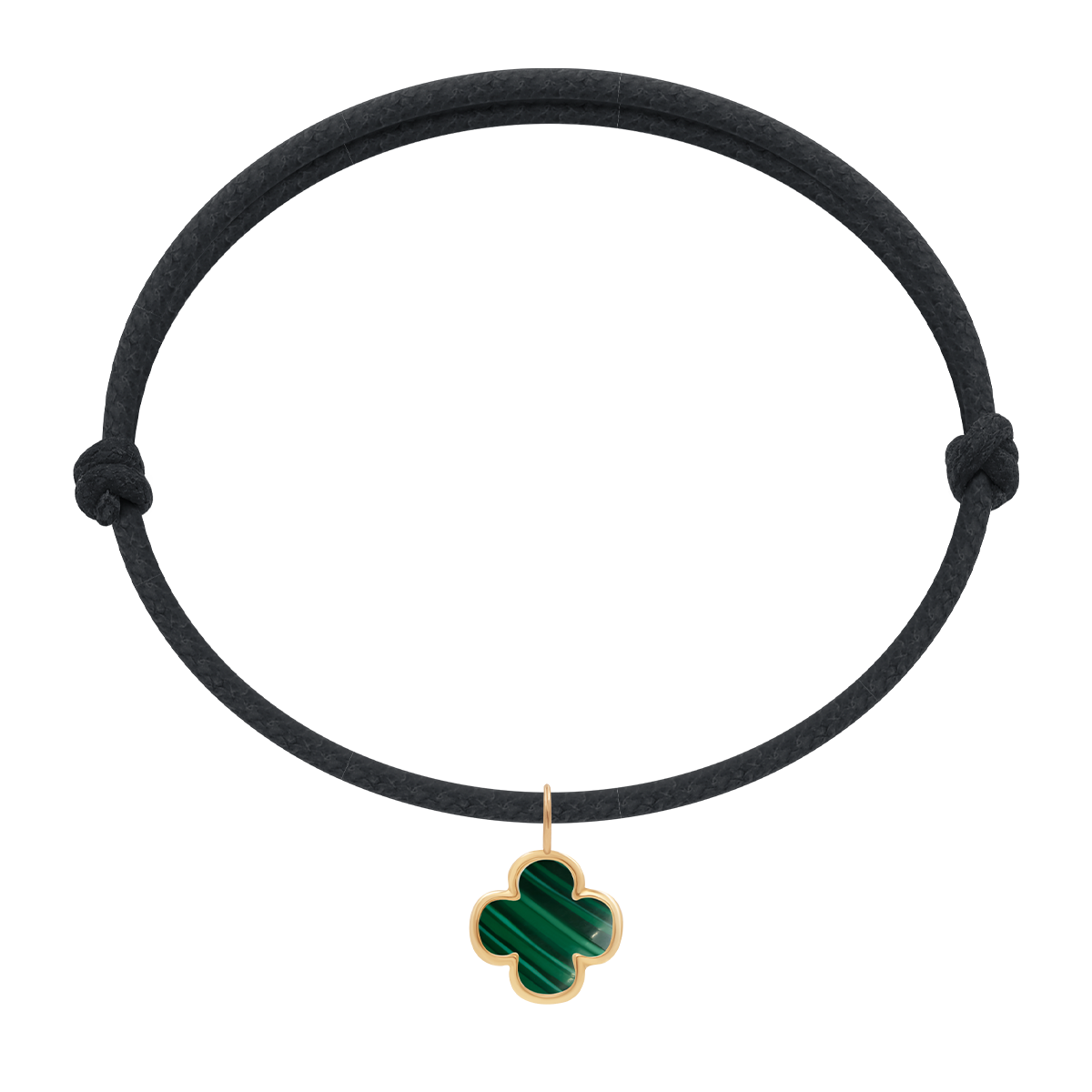 Schnurarmband schwarz mit 0,8 cm Malachit Kleeblatt in 585er Gelbgold Fassung
