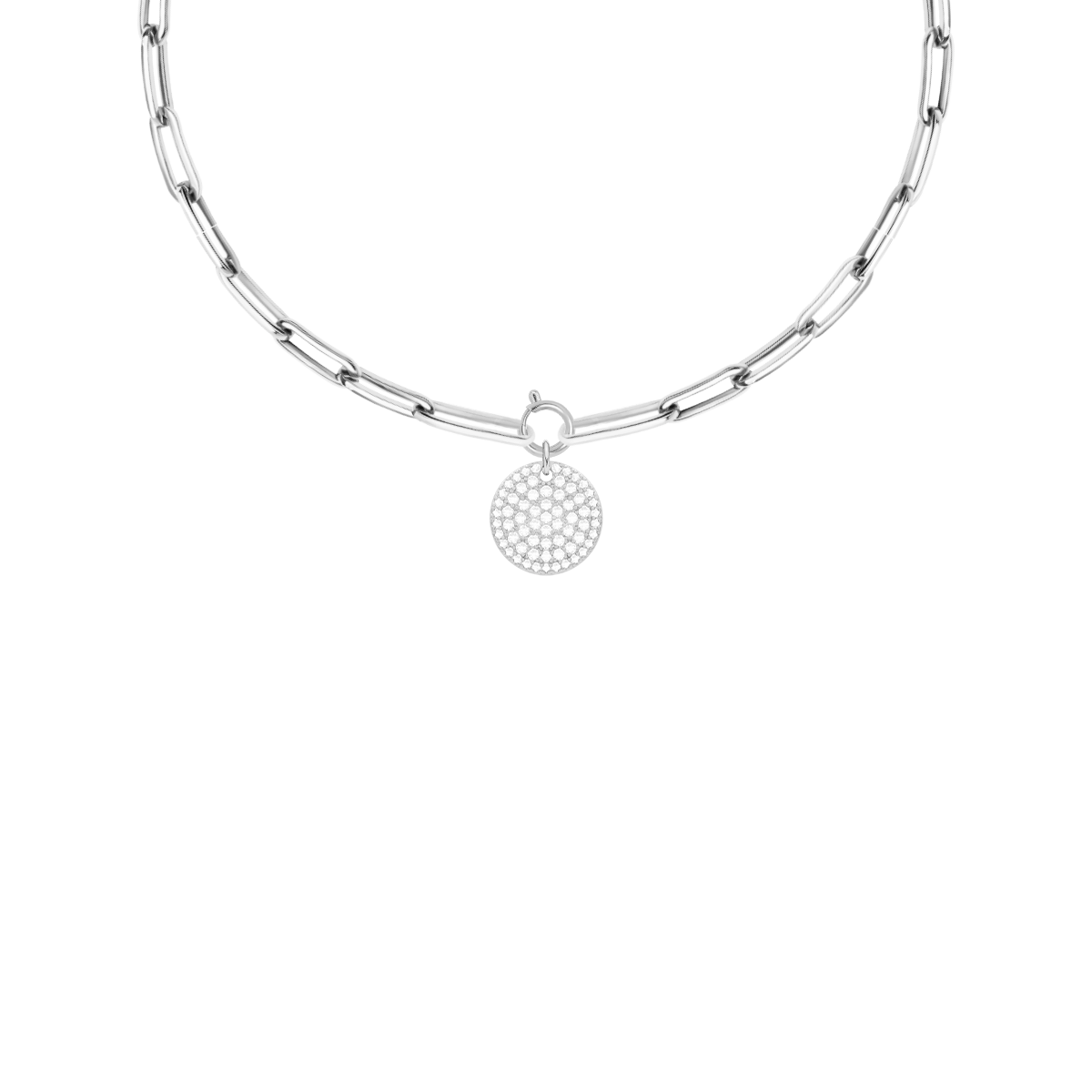 Halskette No. 7 45 cm mit 1,5 cm weißem Zirkonia Medaillon, versilbert - Vorderansicht