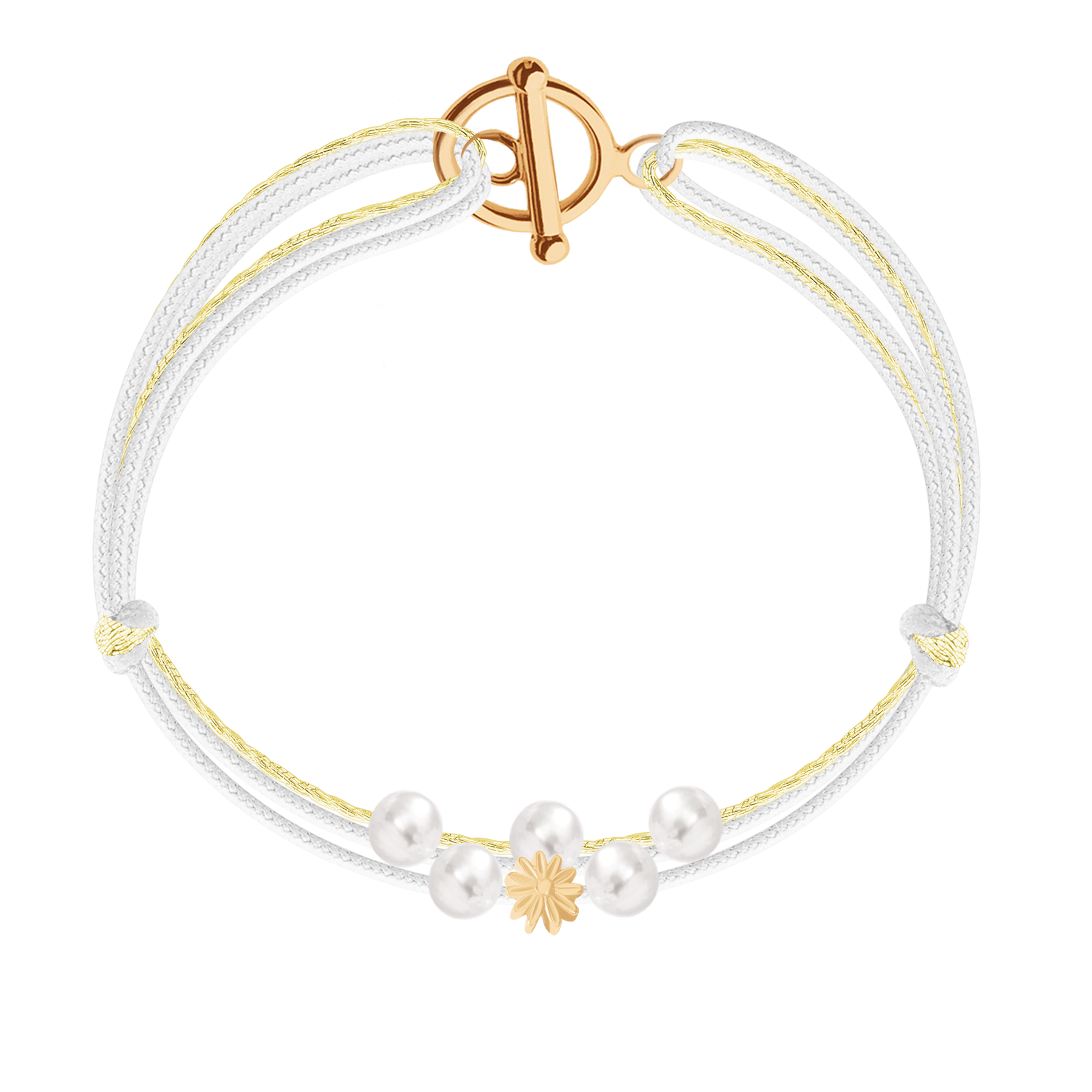 Schnurarmband weiß metallic gold mit Verschluss, Perlen und Etincelle Blüte, vergoldet
