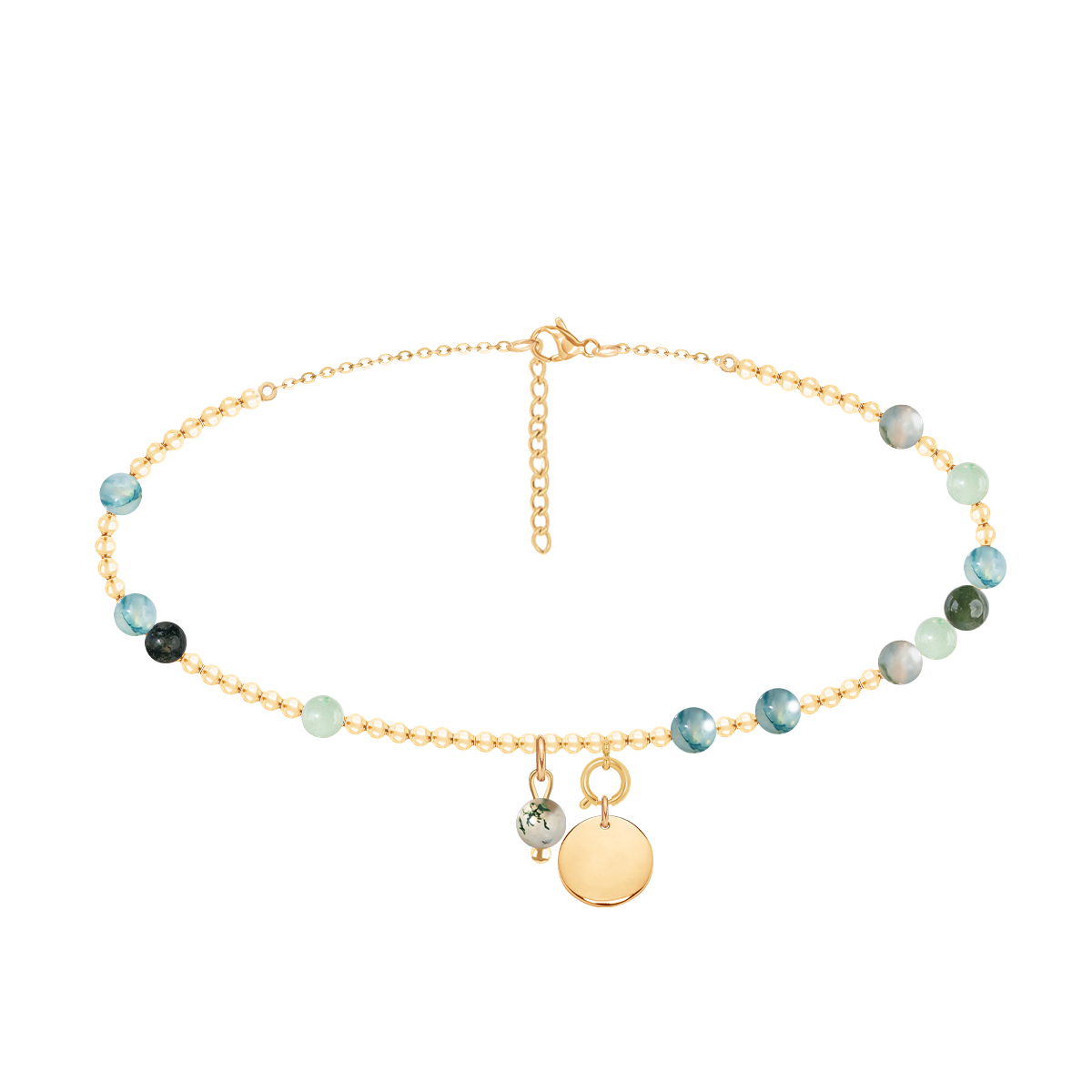 Fußkettchen Planets mit Edelsteinen und 1 cm Medaillon, vergoldet - Vorderansicht