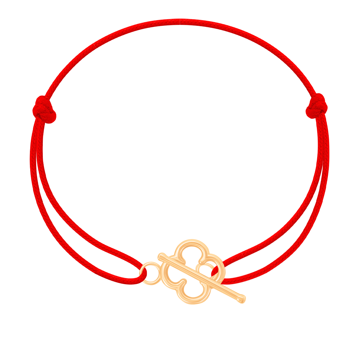 Armband mit vergoldetem Kleeblattverschluss auf roter Schnur - Vorderansicht