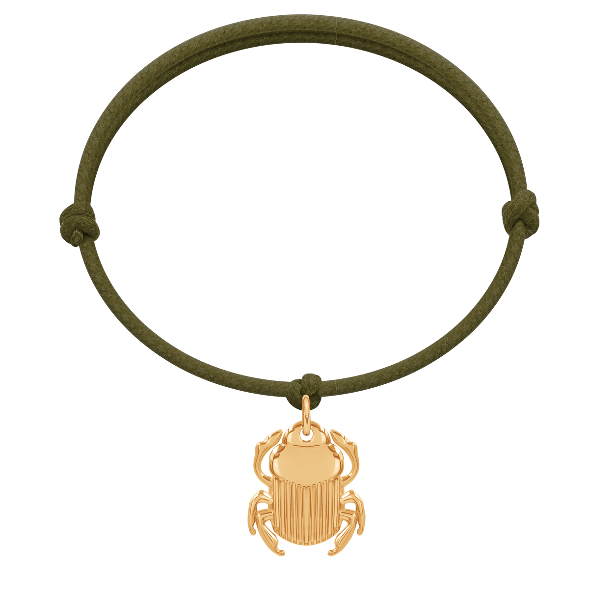 Armband mit 1,5 cm Skarabäus an dicker oliven Schnur - Vorderansicht