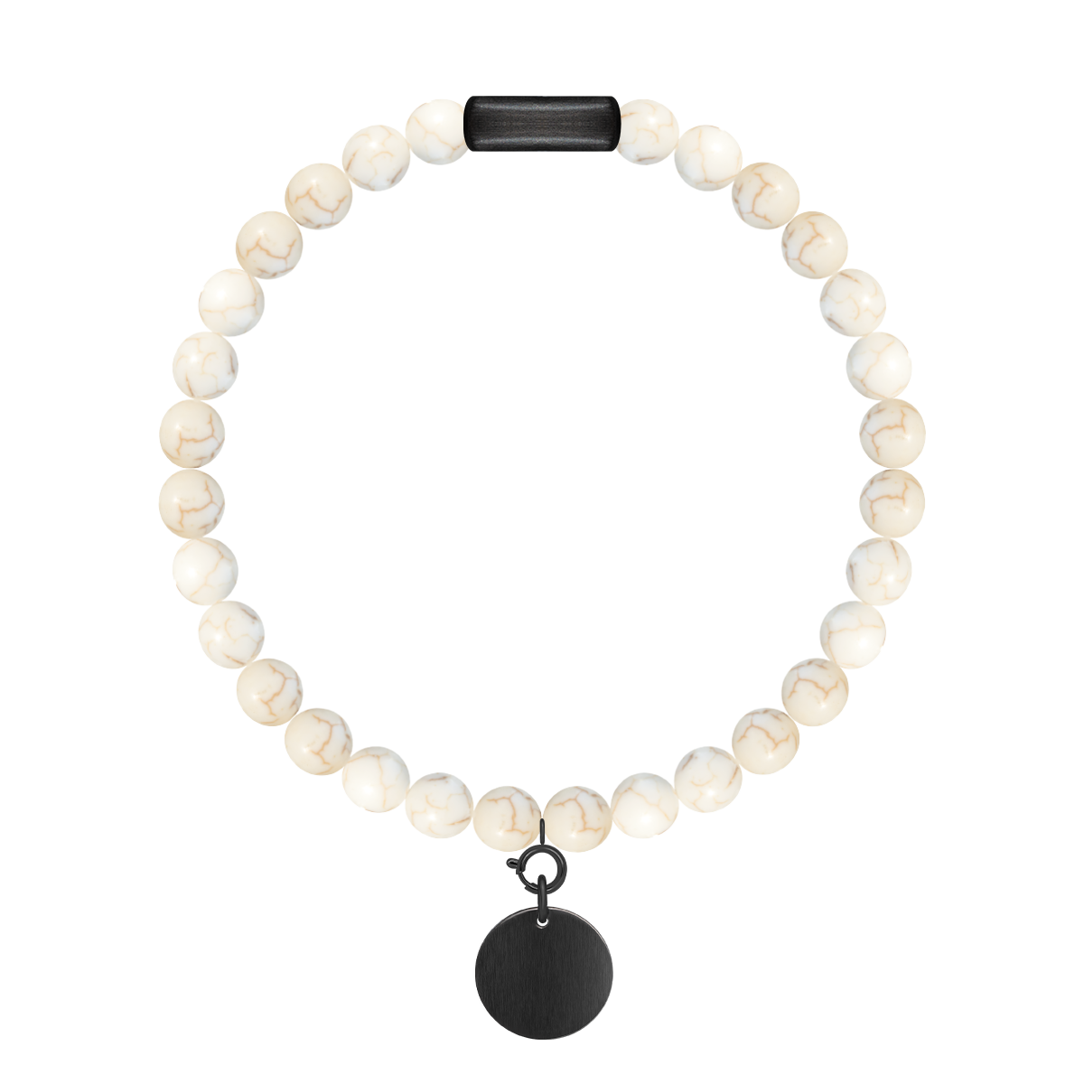 Herrenarmband aus weißen Türkissteinen 0,6 cm mit 1,5 cm Medaillon mattschwarz - Vorderansicht