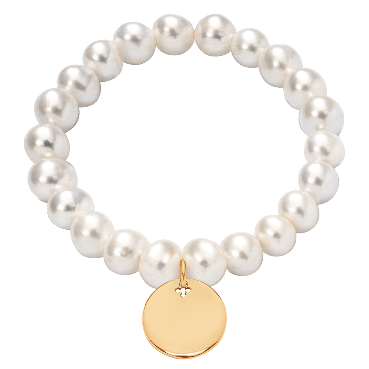Armband mit einer Goldmedaille an großen weißen Perlen - Vorderansicht