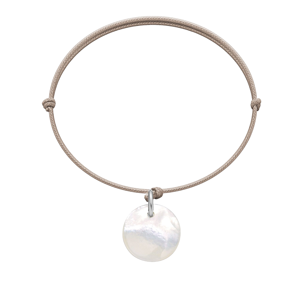 Schnurarmband beige mit 1,5 cm Medaillon aus Perlmutt silber - Vorderansicht