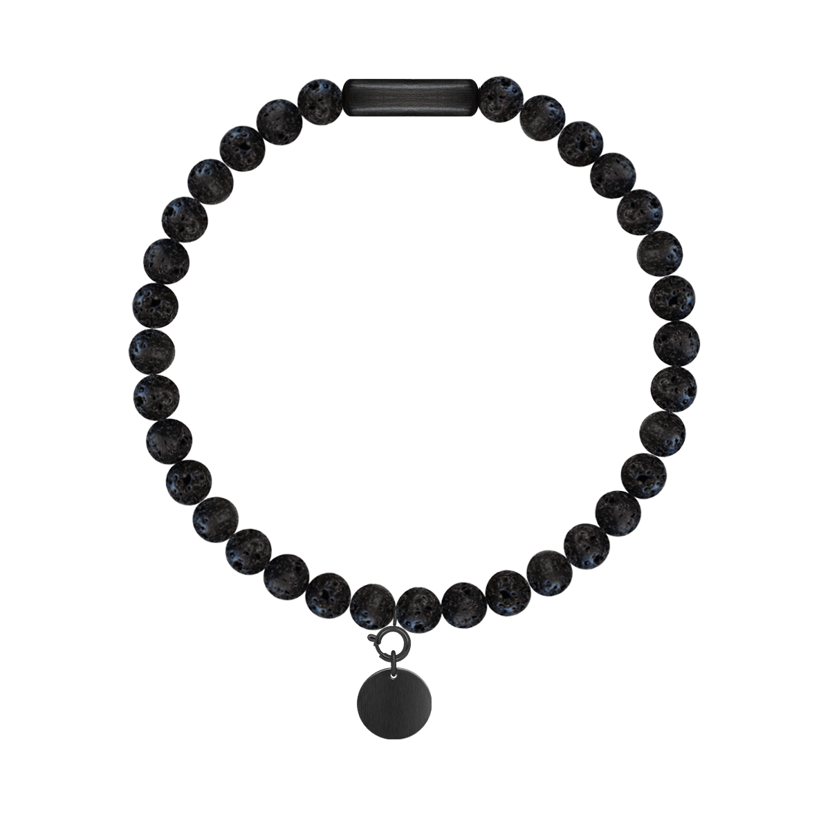 Herrenarmband aus Vulkansteinen 0,4 cm mit 1 cm Medaillon mattschwarz - Vorderansicht