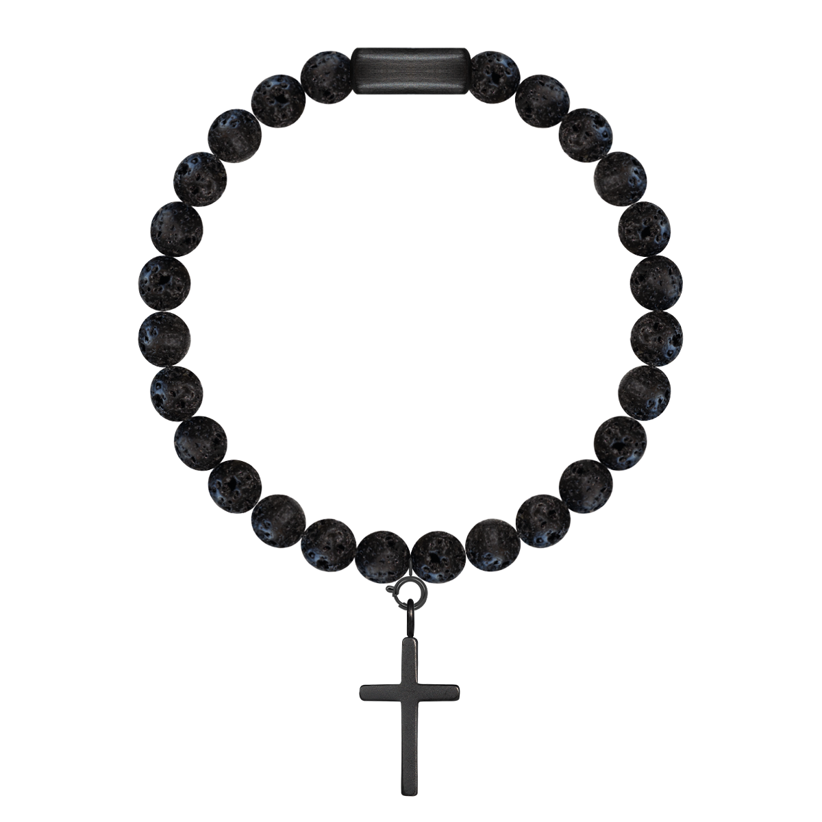 Herrenarmband aus Vulkansteinen 0,6 cm mit 1,5 cm Kreuz mattschwarz - Vorderansicht