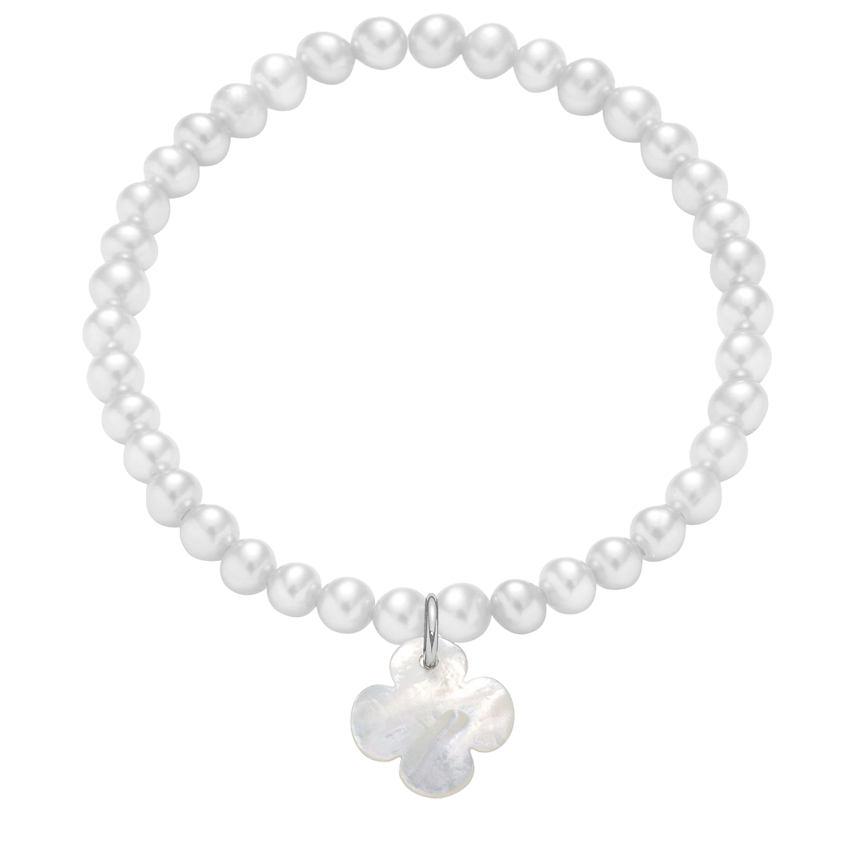 Perlenarmband mini weiß mit 1,5 cm rundem Kleeblatt aus Perlmutt silber - Vorderansicht