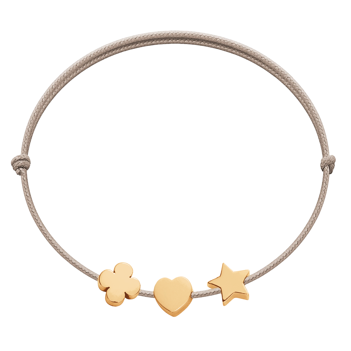 Armband mit vergoldeten Etincelle Stern, Herz, Kleeblatt am dünnen beigem Band
