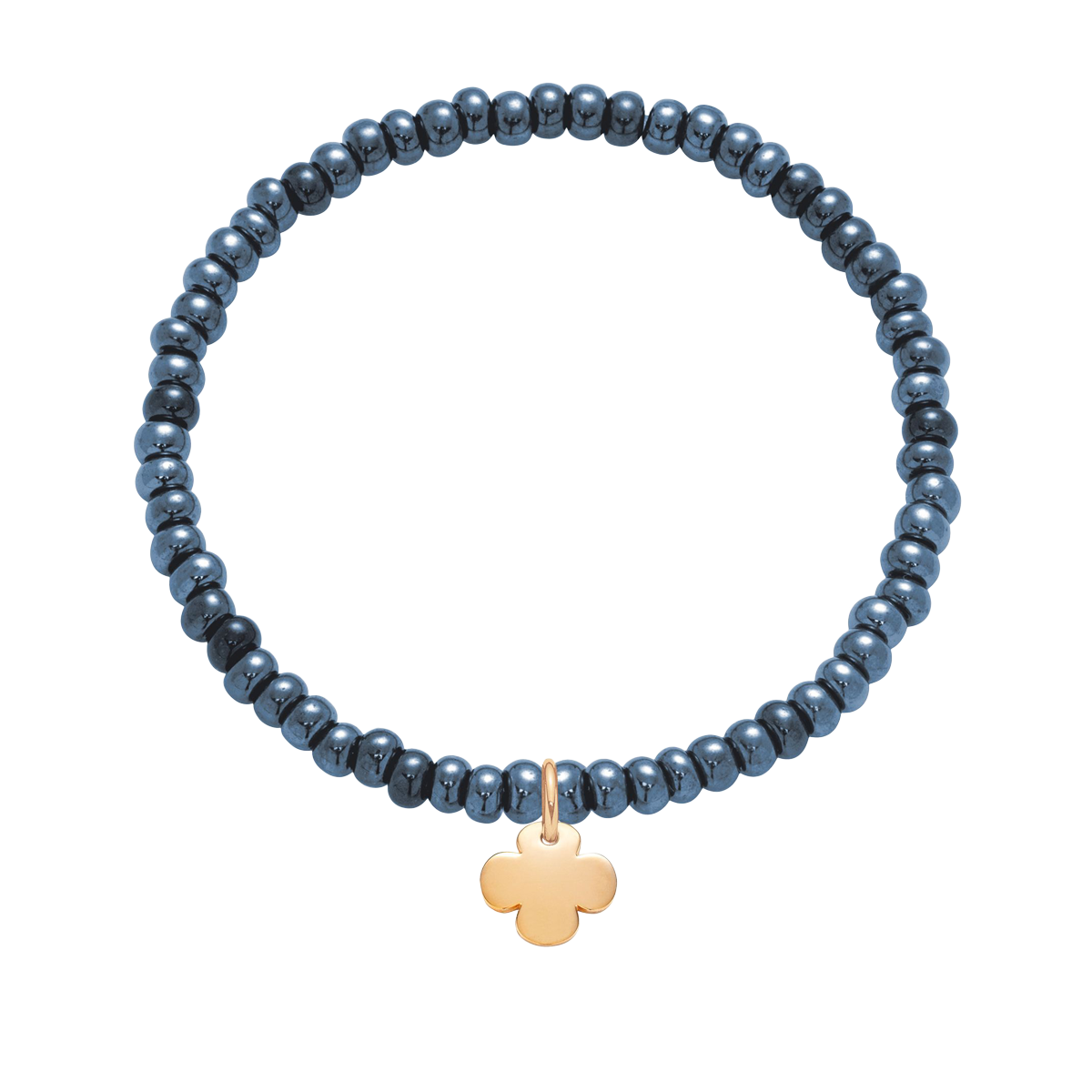 Armband mit goldplattiertem runden Klee auf kristallopalierten dunkelblauen Perlen - Vorderansicht
