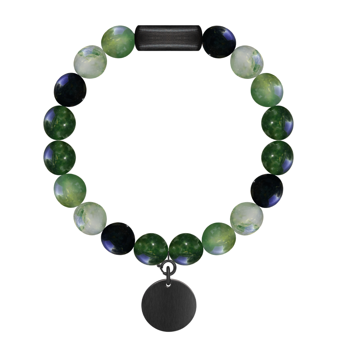 Herrenarmband aus Achat Steinen 0,8 cm mit 2 cm Medaillon mattschwarz - Vorderansicht