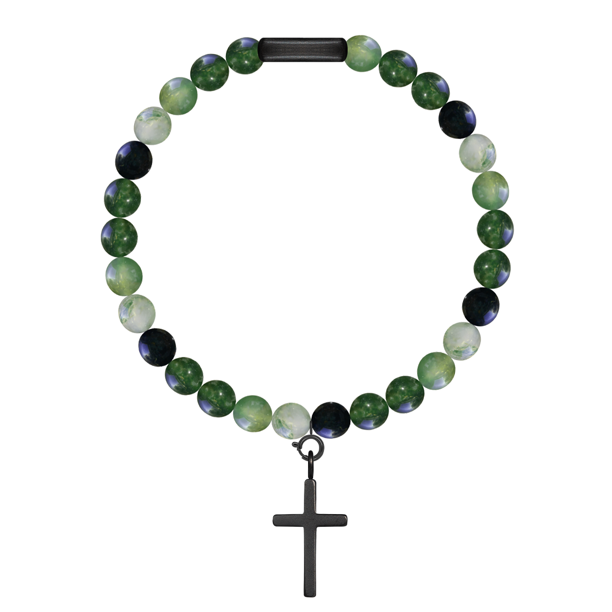 Herrenarmband aus Achat Steinen 0,8 cm mit 2,2 cm Kreuz mattschwarz - Vorderansicht