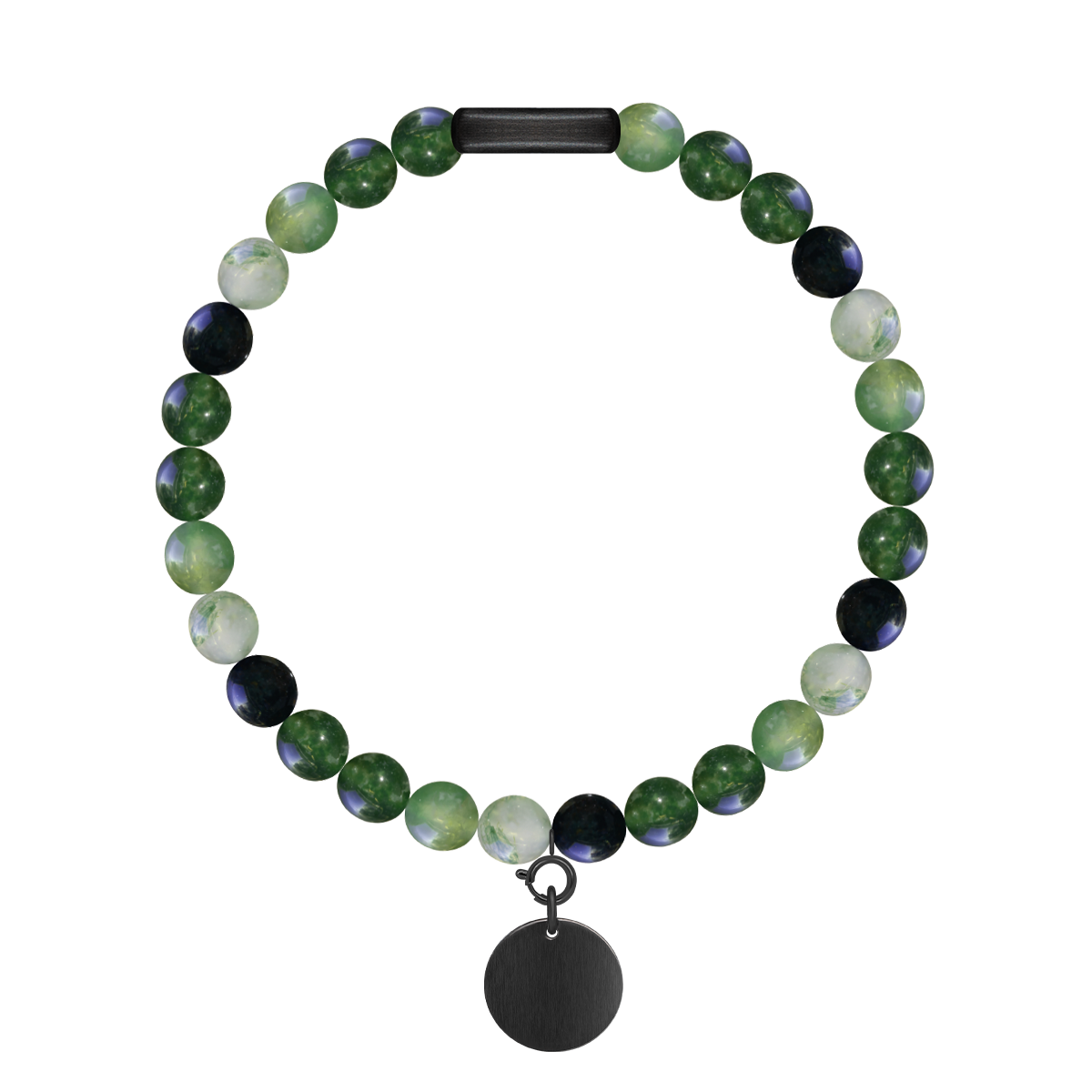 Herrenarmband aus Achat Steinen 0,6 cm mit 1,5 cm Medaillon mattschwarz - Vorderansicht