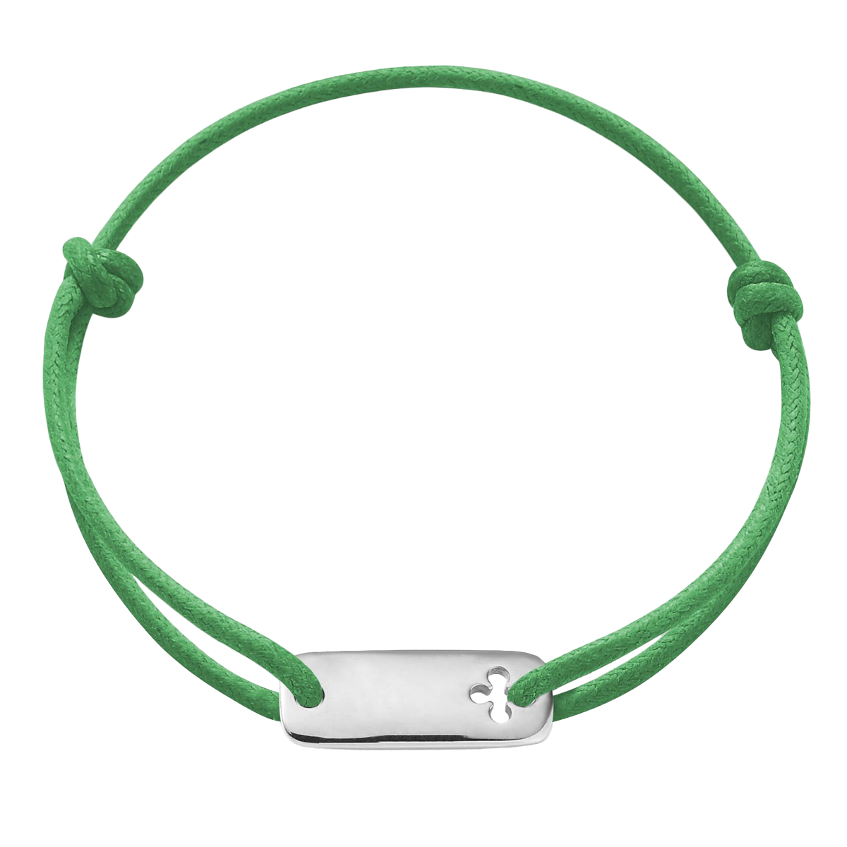 Armband mit einem silbernen Backblech mit einem Klee auf einer dicken Grasschnur - Vorderansicht