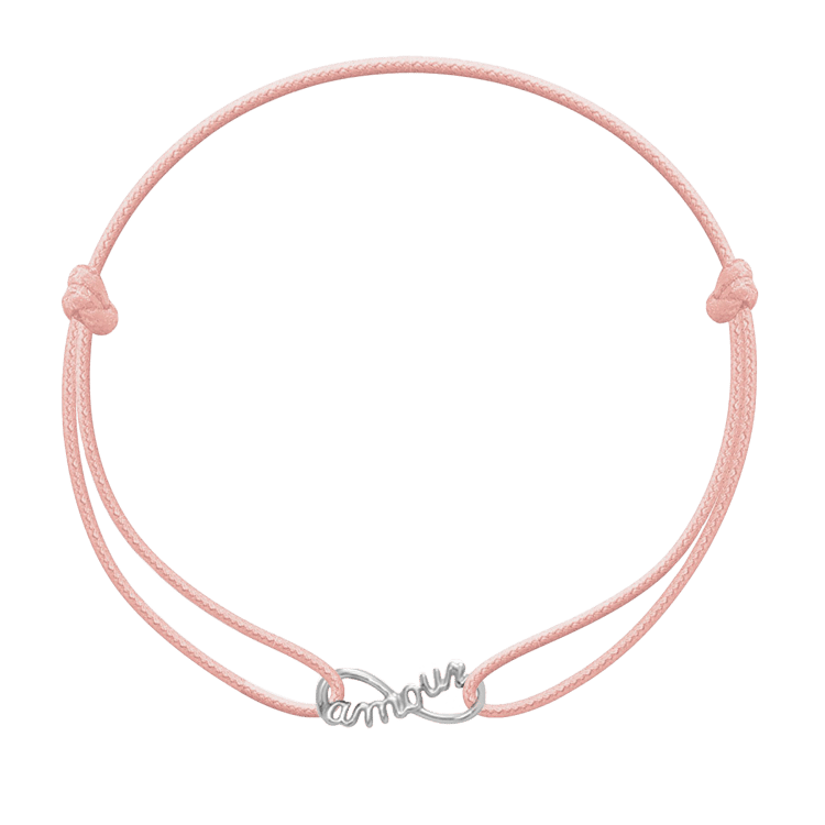 Armband mit silberfarbener „Amour“-Unendlichkeit auf dünnem hellrosafarbenem Band