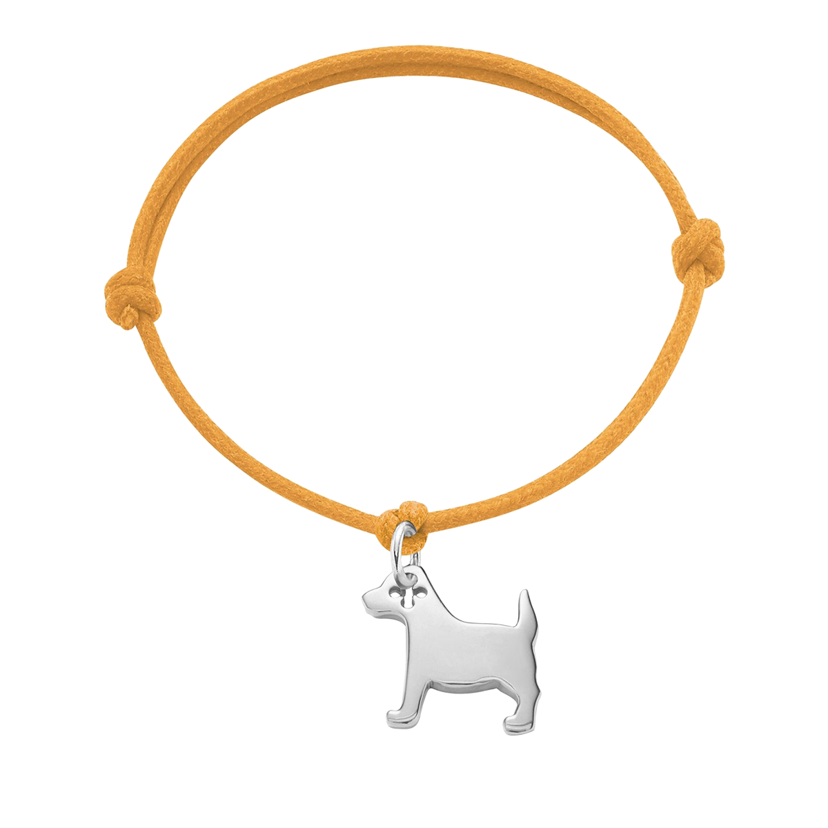 Armband mit einem silbernen Hund auf einer dicken orangefarbenen Fluo -Schnur - Vorderansicht