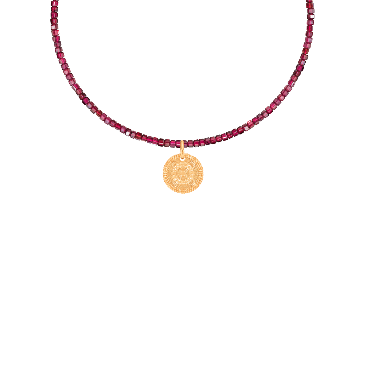 Halskette aus Granat Steinen mit Münzanhänger Boho II, vergoldet