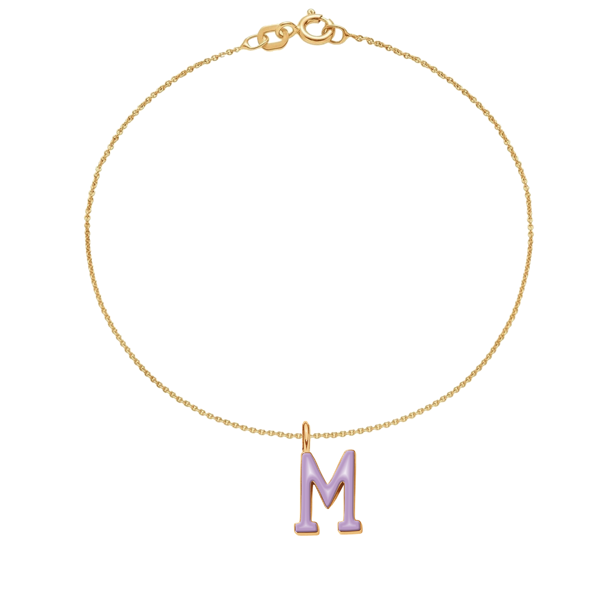 Armband Faden mit violettfarbenem Buchstaben M vergoldet - Vorderansicht