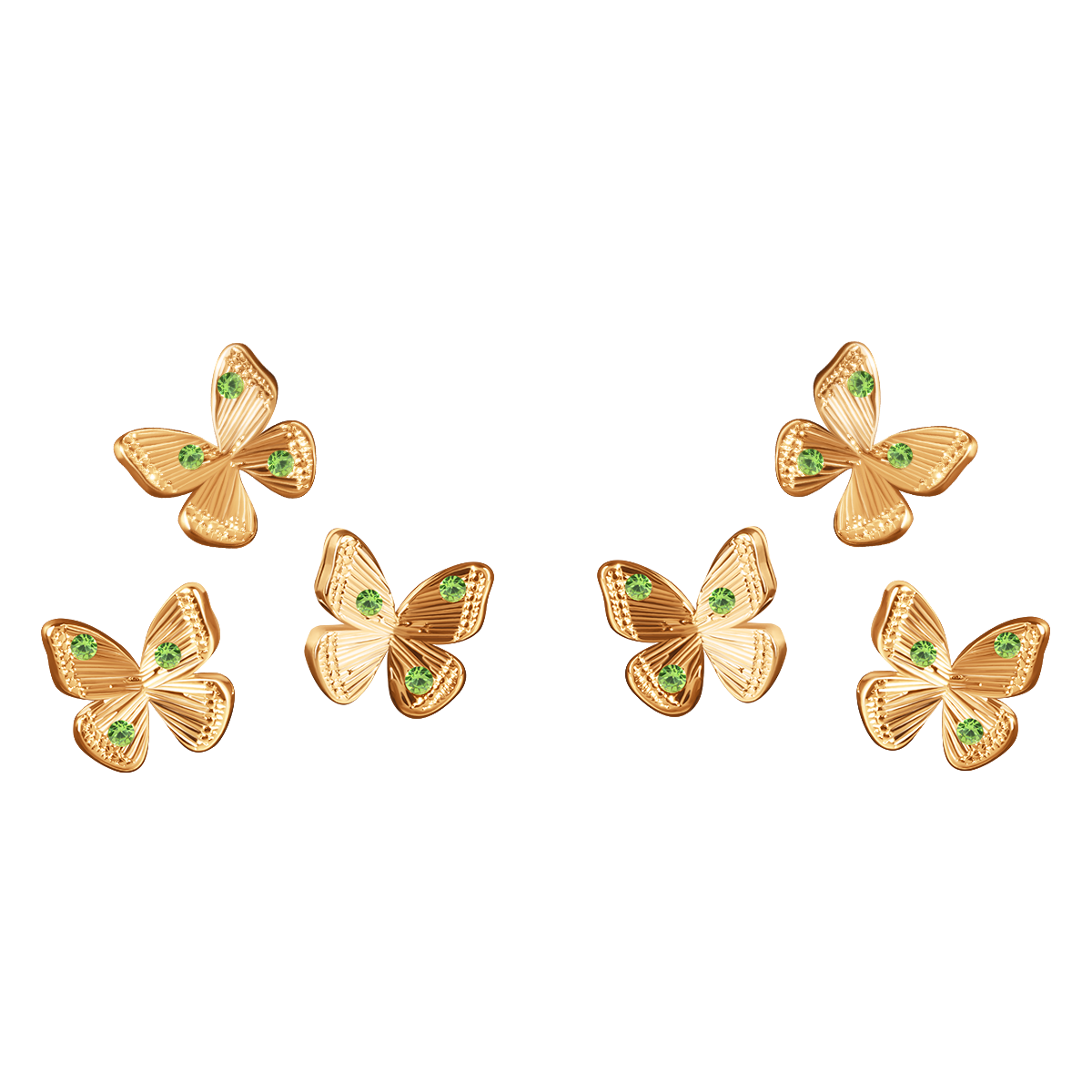 Multiohrringe Papillon mit grünen Kristallen, vergoldet
