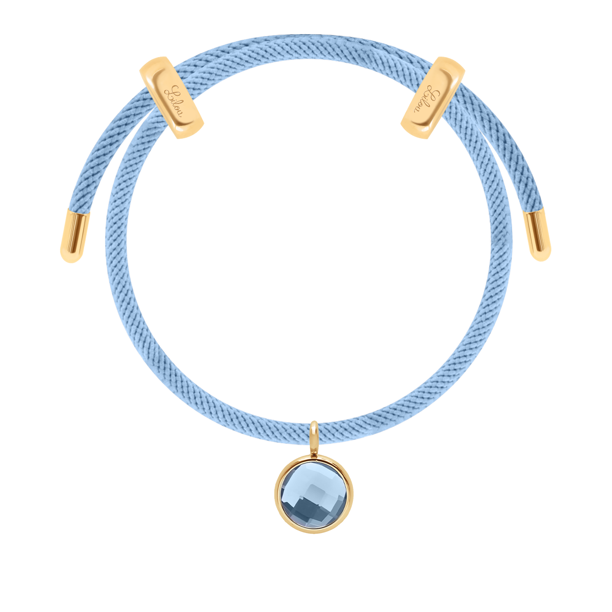 Armband Liana in hellblauer Farbe mit blauem Quarz-Anhänger, vergoldet - Vorderansicht
