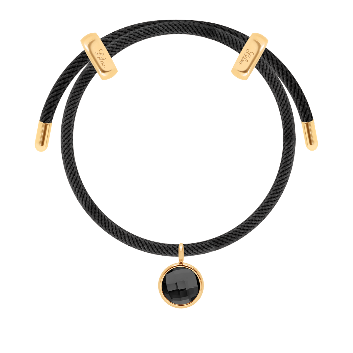 Armband Liana in schwarzer Farbe mit schwarzem Quarz-Anhänger, vergoldet - Vorderansicht