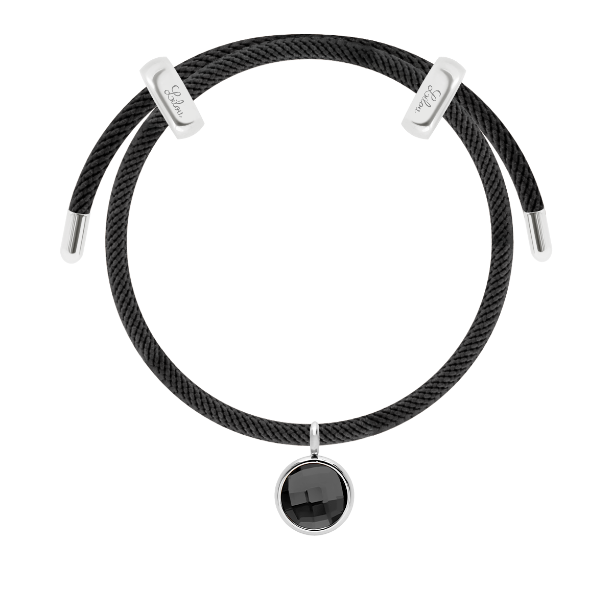 Armband Liana in schwarzer Farbe mit schwarzem Quarz-Anhänger, versilbert - Vorderansicht