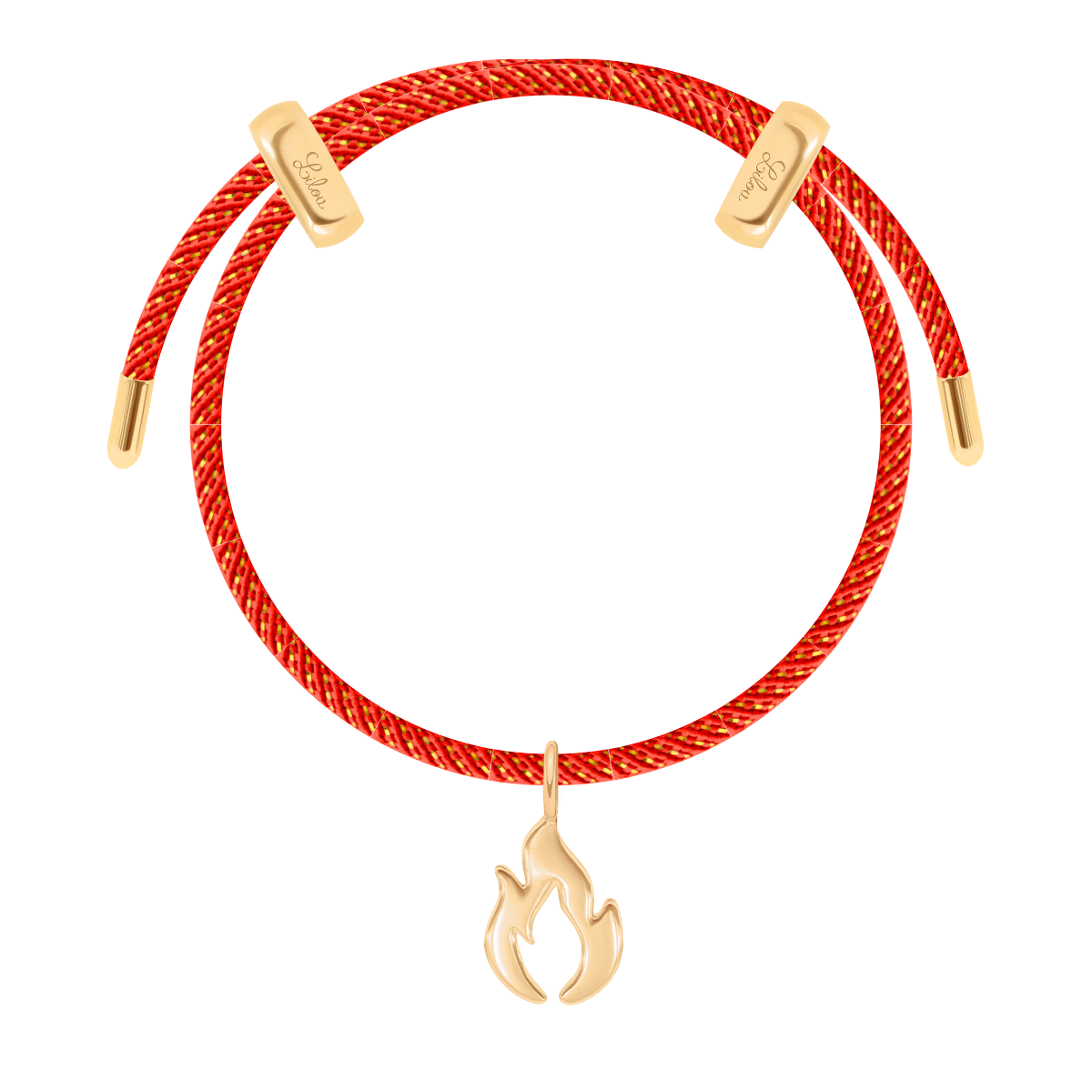 Armband Liana in roter Farbe mit goldenem Faden und 1,6 cm Flammen-Anhänger vergoldet - Vorderansicht
