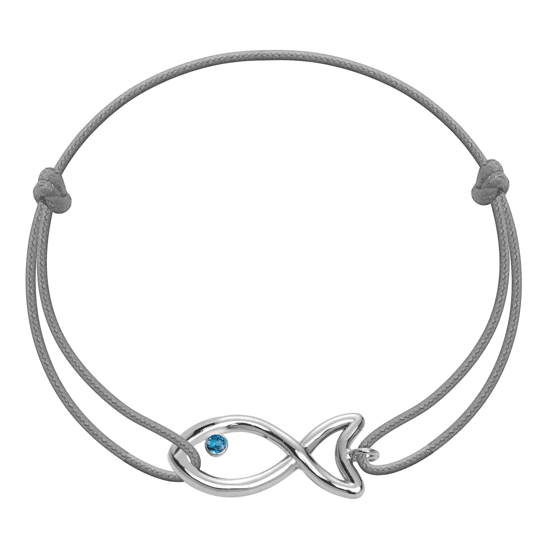 Silbernes Armband mit Fischsymbol und Topas auf grauem Schnürband