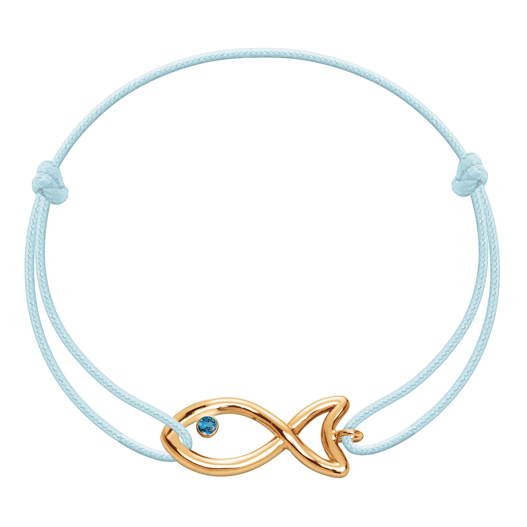 Vergoldetes Armband mit Fischsymbol und Topas auf blauem Schnürband