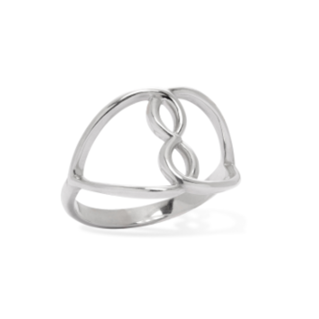 silberner Ring mit verbundenen Herzen in Form einer Unendlichkeitsschleife