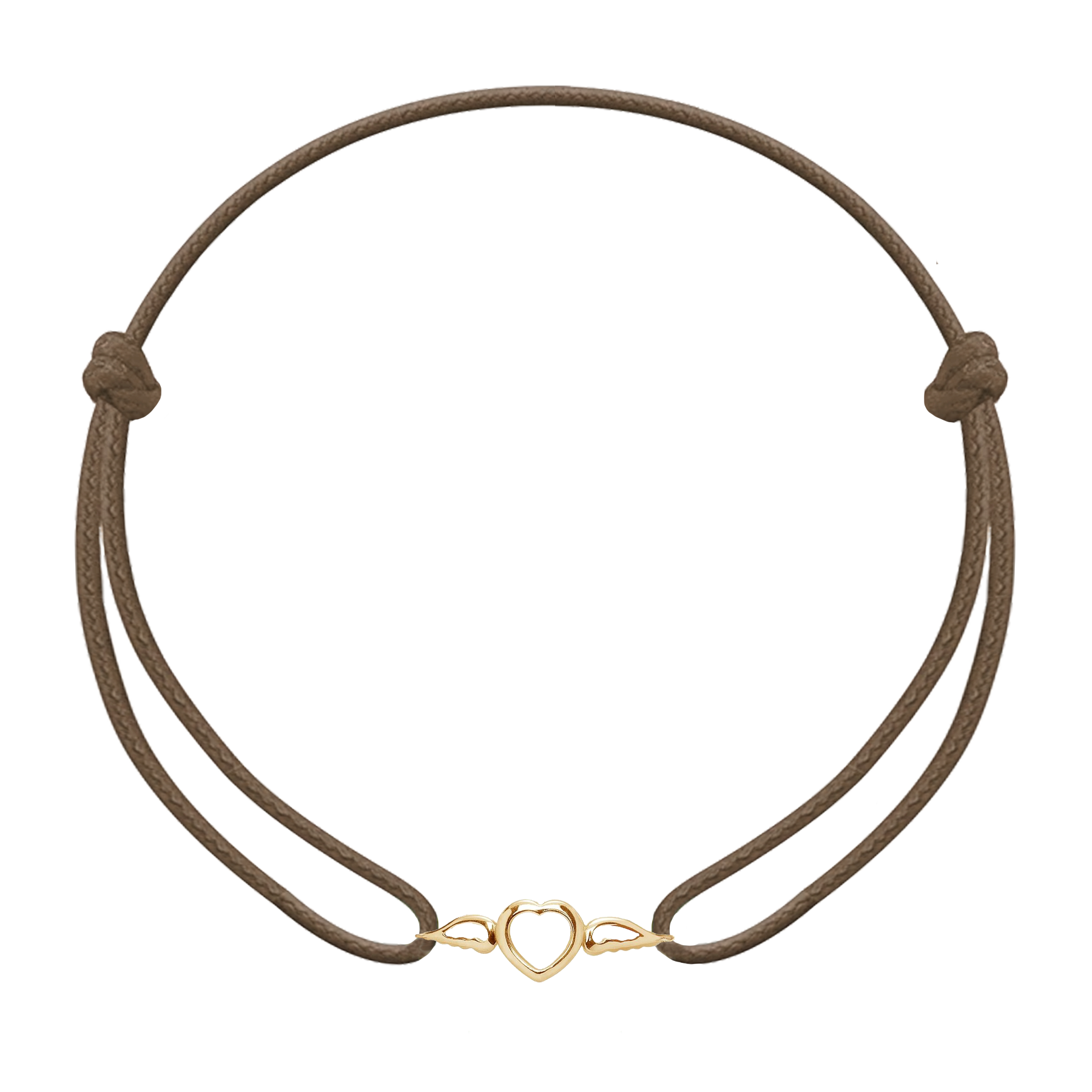 Schnurarmband von Lilou mit Herz und Flügeln, vergoldet, dunkelcappuccinofarbenes Band