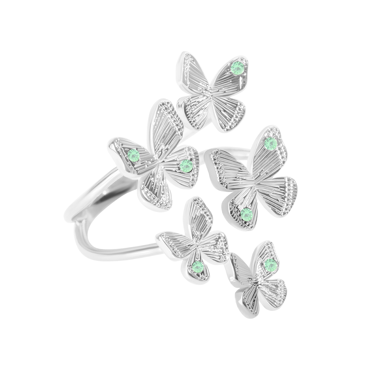 Multiring Papillon mit pastellgrünen Kristallen, versilbert - Vorderansicht