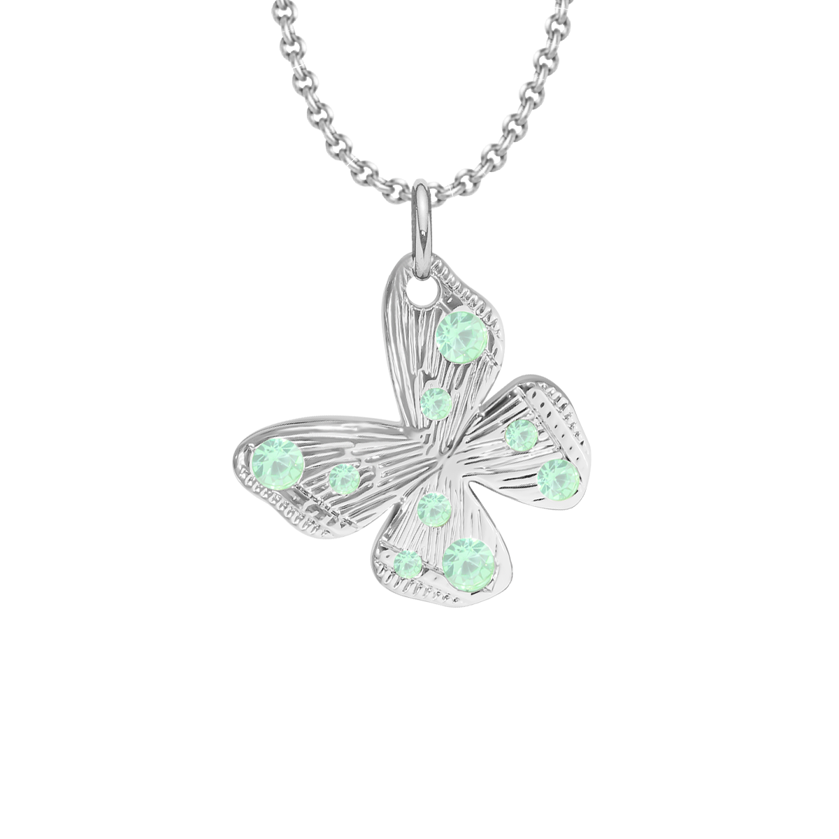 Halskette Papillon 1,5 cm mit pastellgrünen Kristallen, versilbert - Vorderansicht