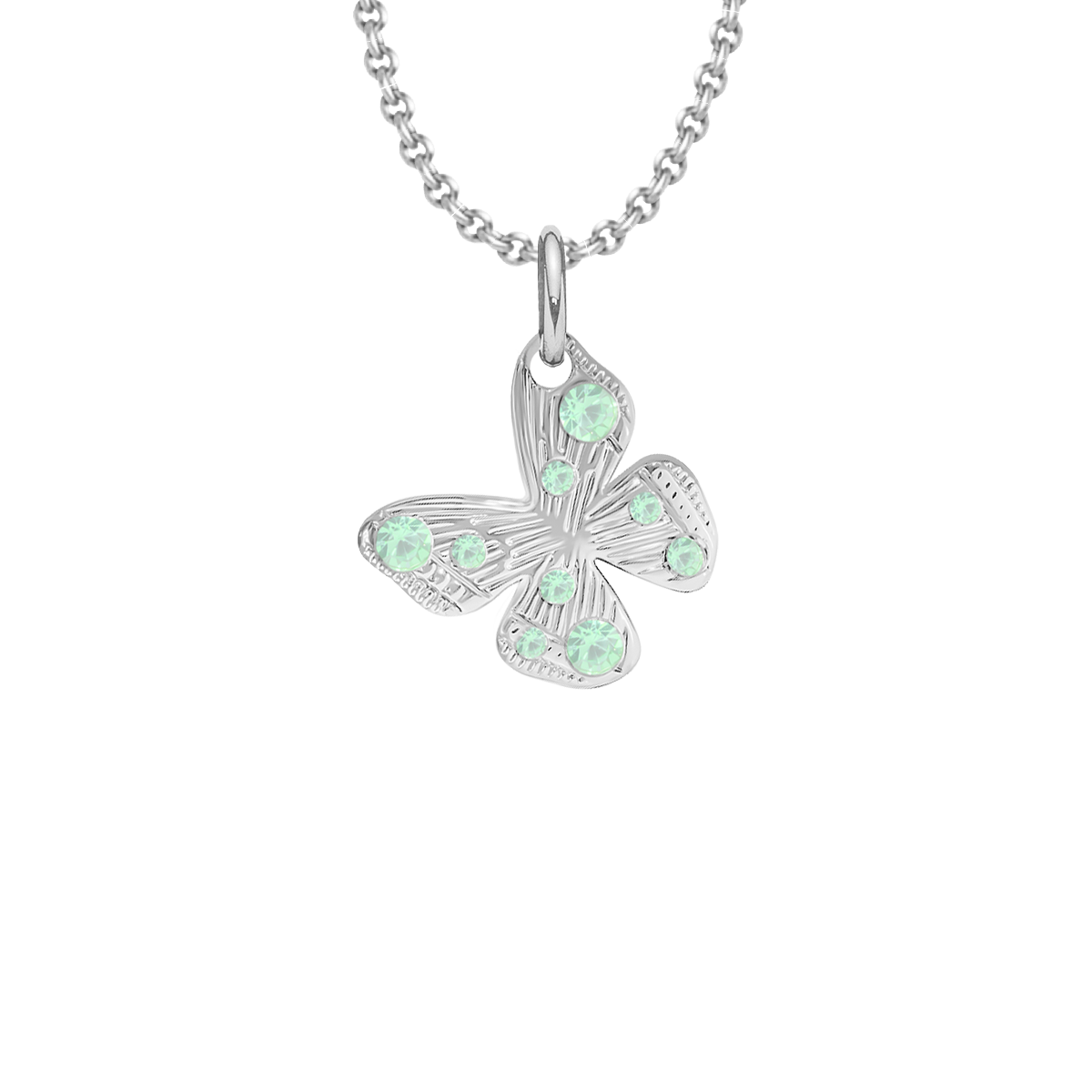 Halskette Papillon 1 cm mit pastellgrünen Kristallen, versilbert - Vorderansicht