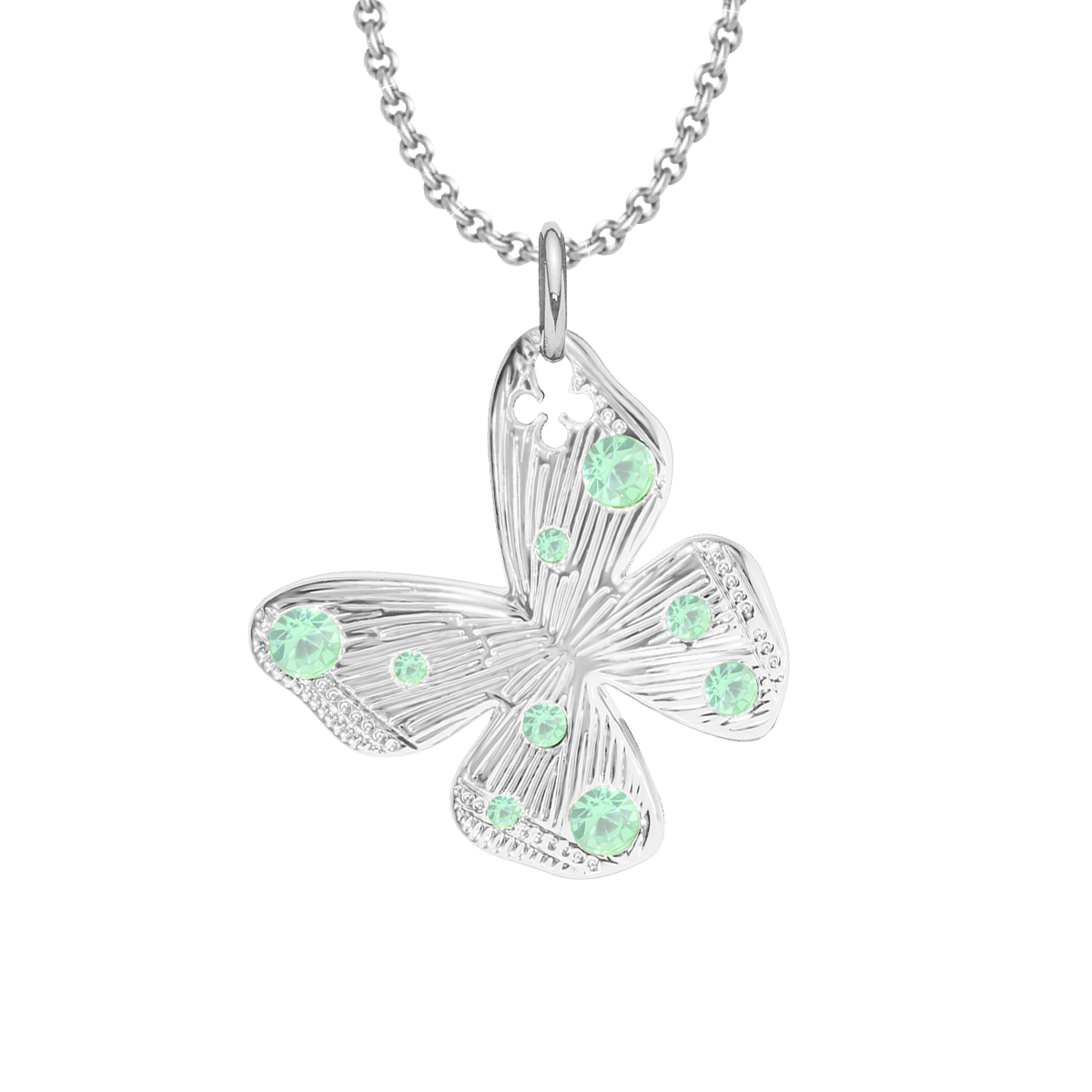 Halskette Papillon 2 cm mit pastellgrünen Kristallen, versilbert - Vorderansicht