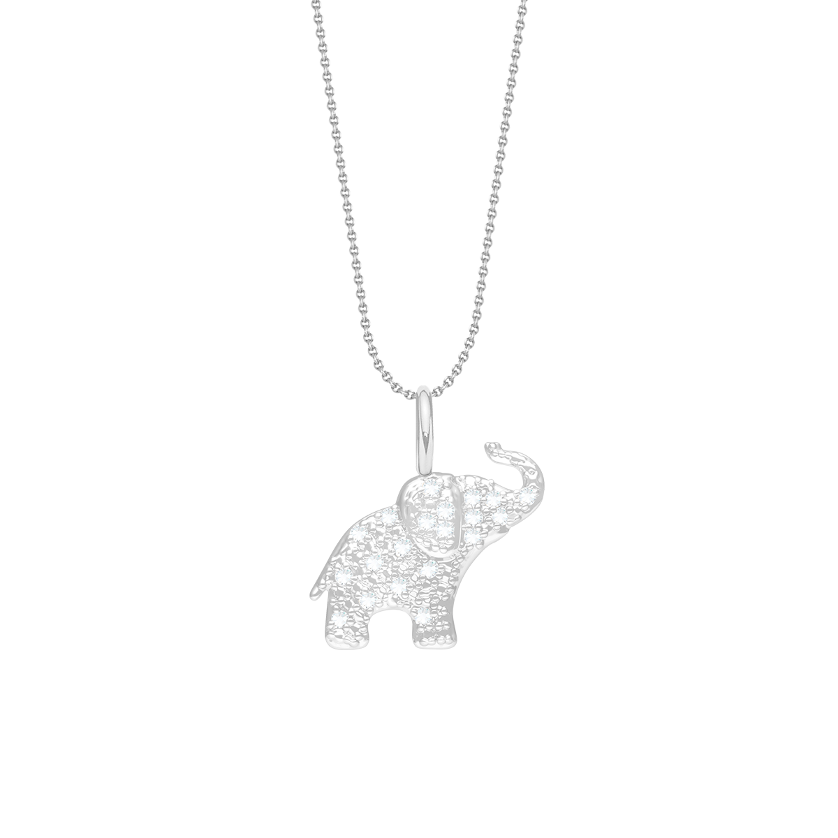Halskette klassisch 50 cm mit 2 cm Elefant-Anhänger und weißen Zirkonias, versilbert - Vorderansicht