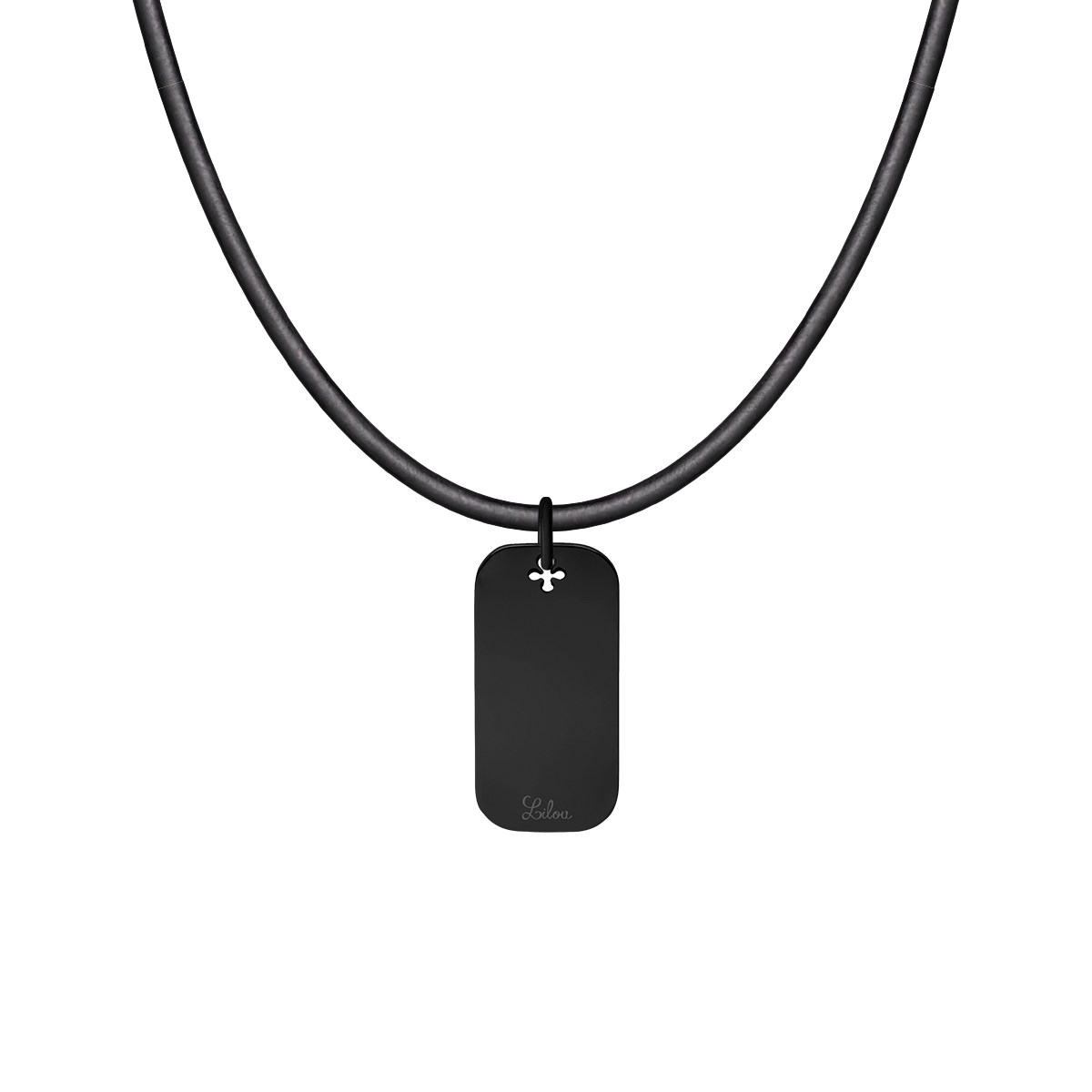 Herrenhalskette aus schwarzem Leder mit 3 cm Dog Tag versilbert - Trägeransicht