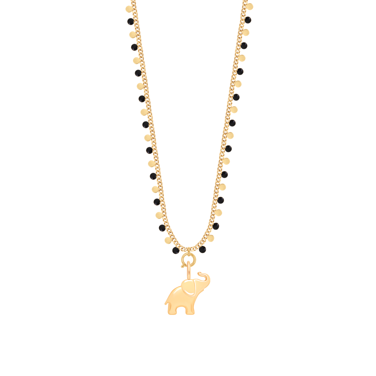 Halskette Sophie schwarze Emaille mit 2 cm Elefanten Anhänger, vergoldet - Vorderansicht