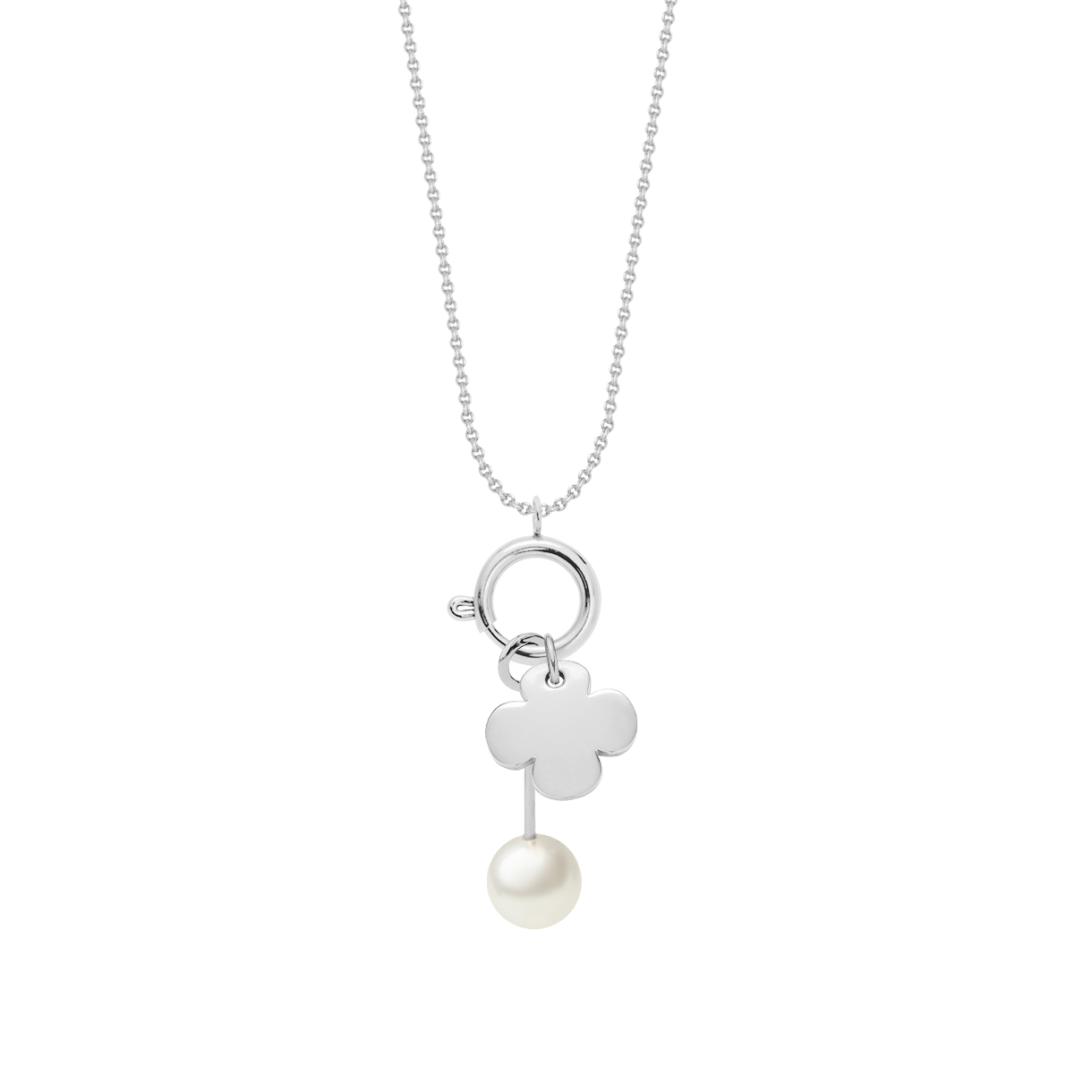 Halskette mit Emotionsfänger, Perlenanhänger und einem silbernem runden Kleeblatt - Vorderansicht