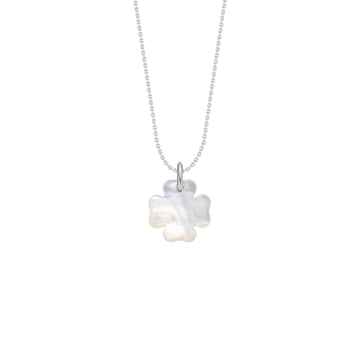 Halskette Klassisch mit 1,5 cm eckigen Kleeblatt aus Perlmutt silber - Vorderansicht