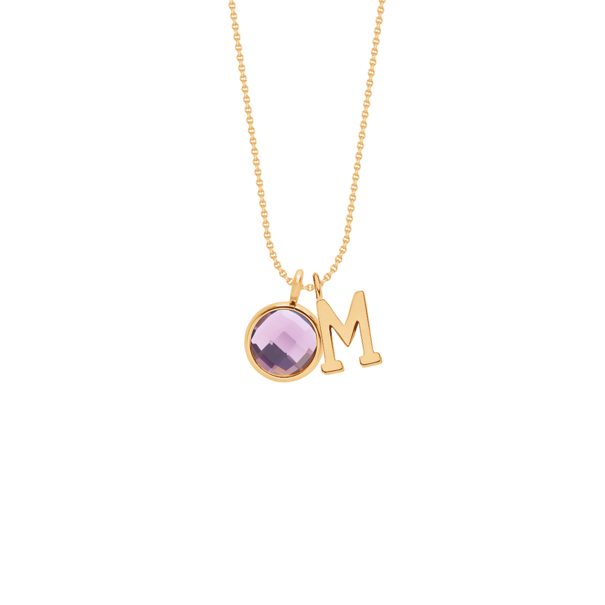 Halskette Klassisch mit Buchstaben M und violettem Quarz-Anhänger vergoldet - Vorderansicht