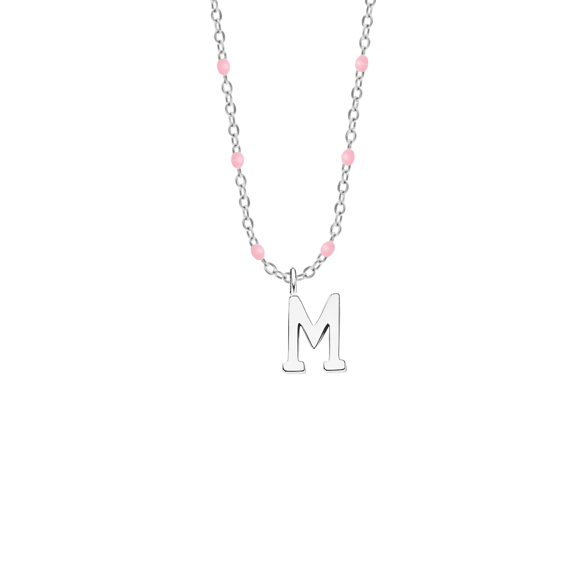 Halskette mit rosa Emaille mit Buchstaben M silber - Vorderansicht