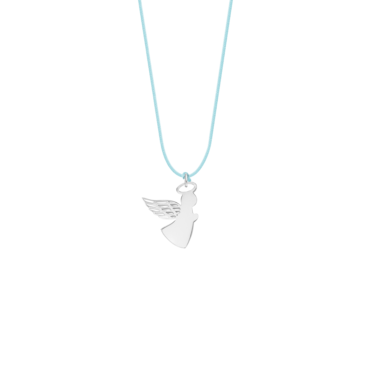 Schnurband hellblau mit versilbertem 1,5 cm Engel mit offen gearbeitetem Flügel - Vorderansicht