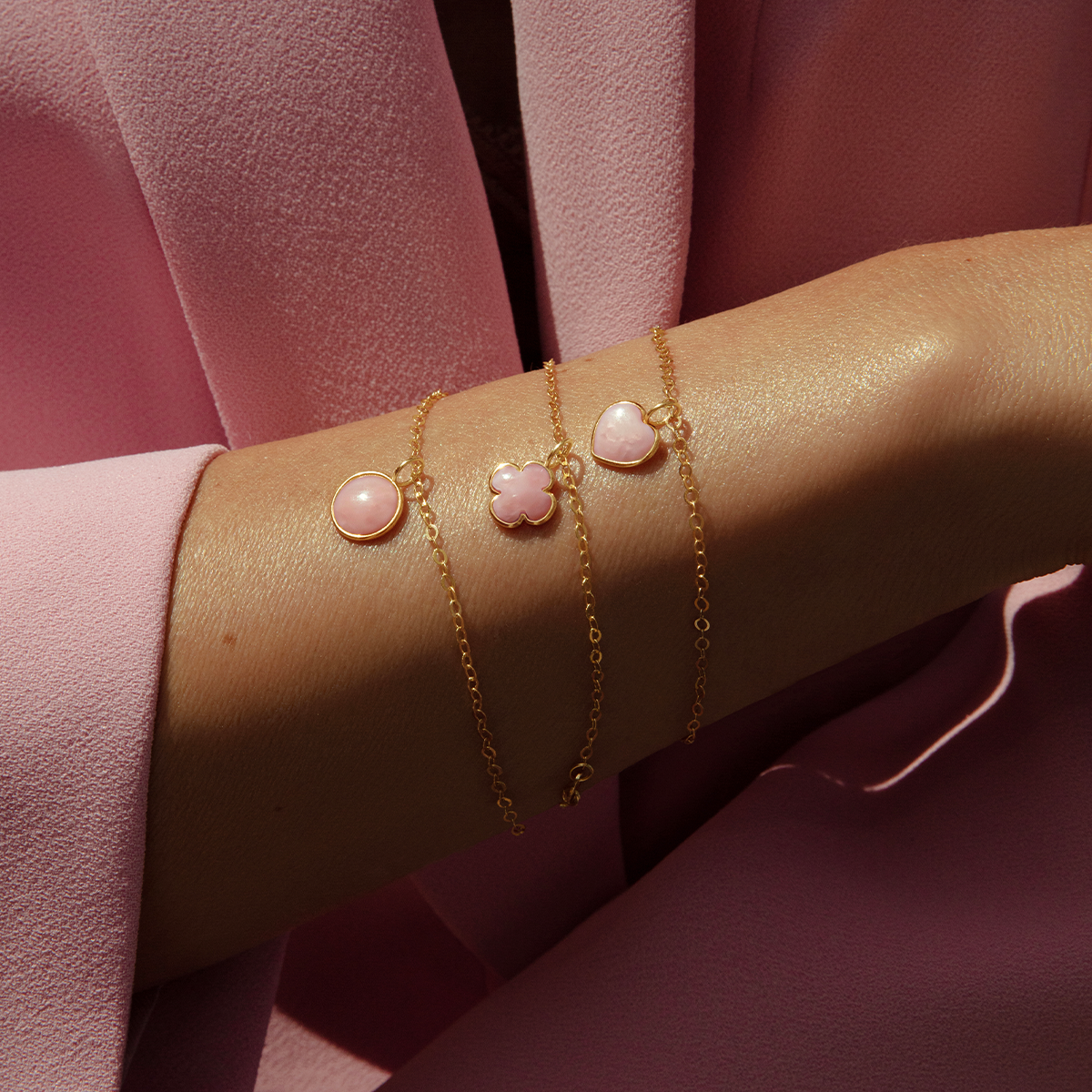 Armband Forzatina mit rosa Opal Herz 0,8 cm in 585er Gelbgold Fassung - Detailansicht