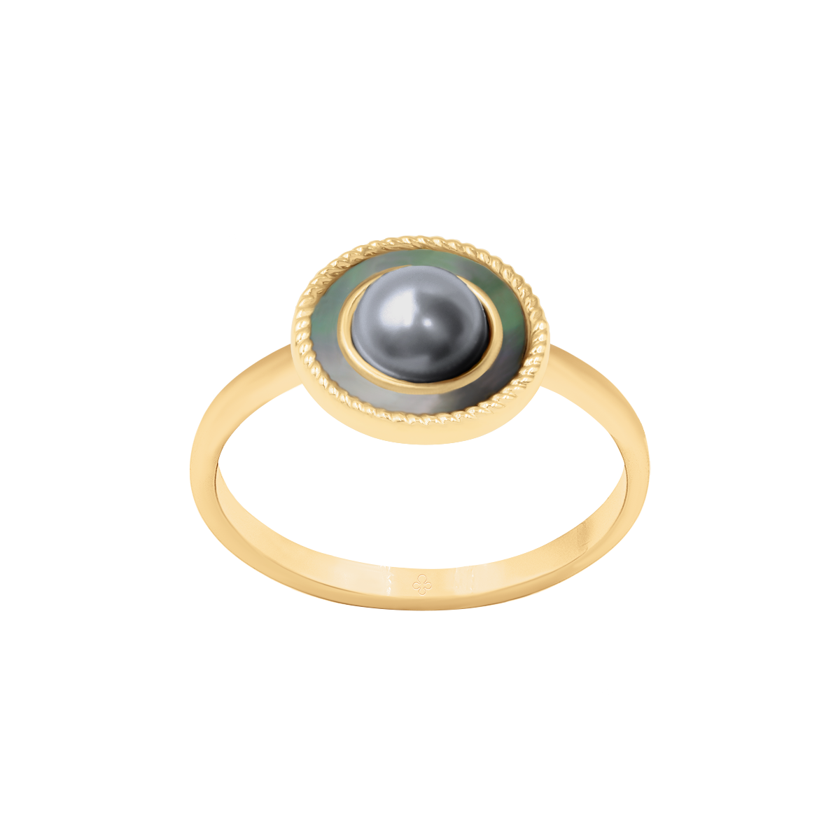 Ring Cosmos No.4 mit grauer Perle und dunklem Perlmutt, vergoldet - Vorderansicht